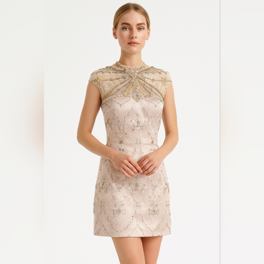 Sherri Hill Elegant Gold and Cream Mini Dress